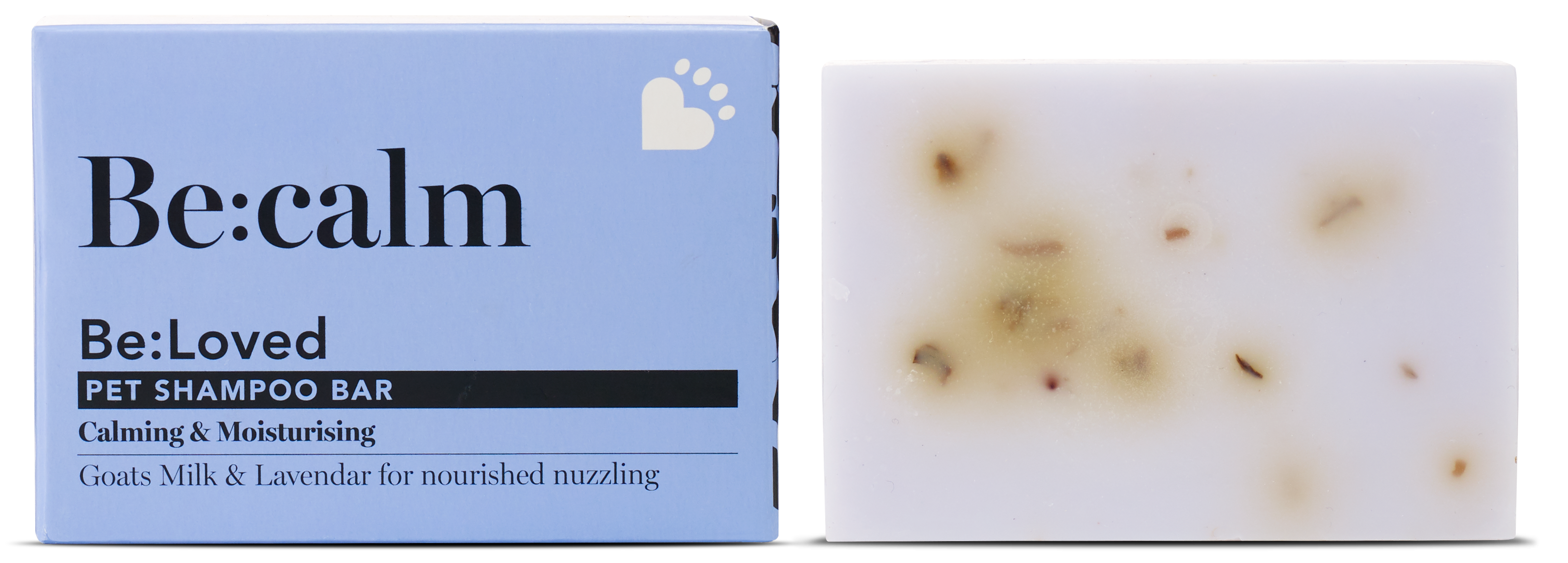 Be:calm pet shampoo bar packaging and product