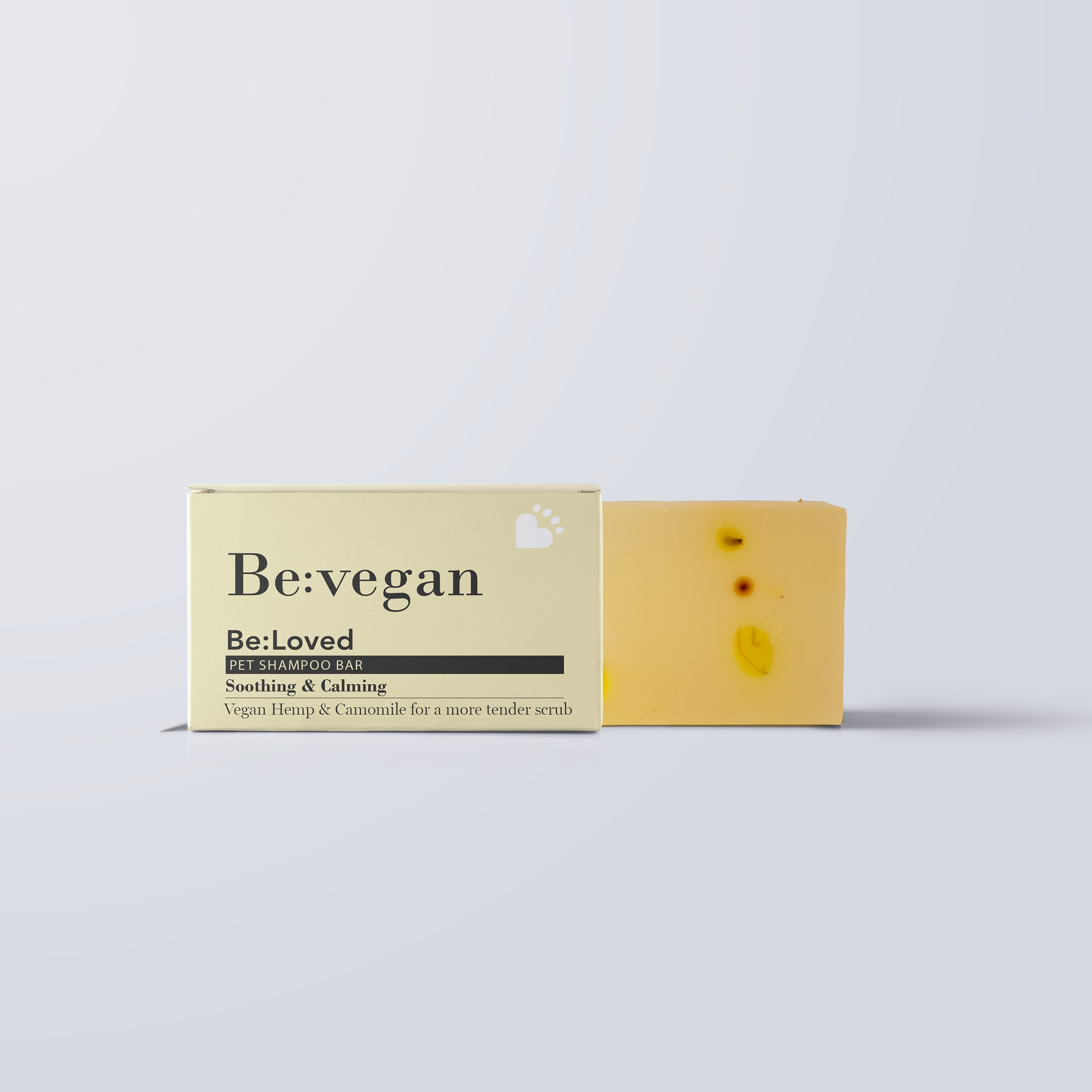 Be:vegan pet shampoo bar product and packaging.