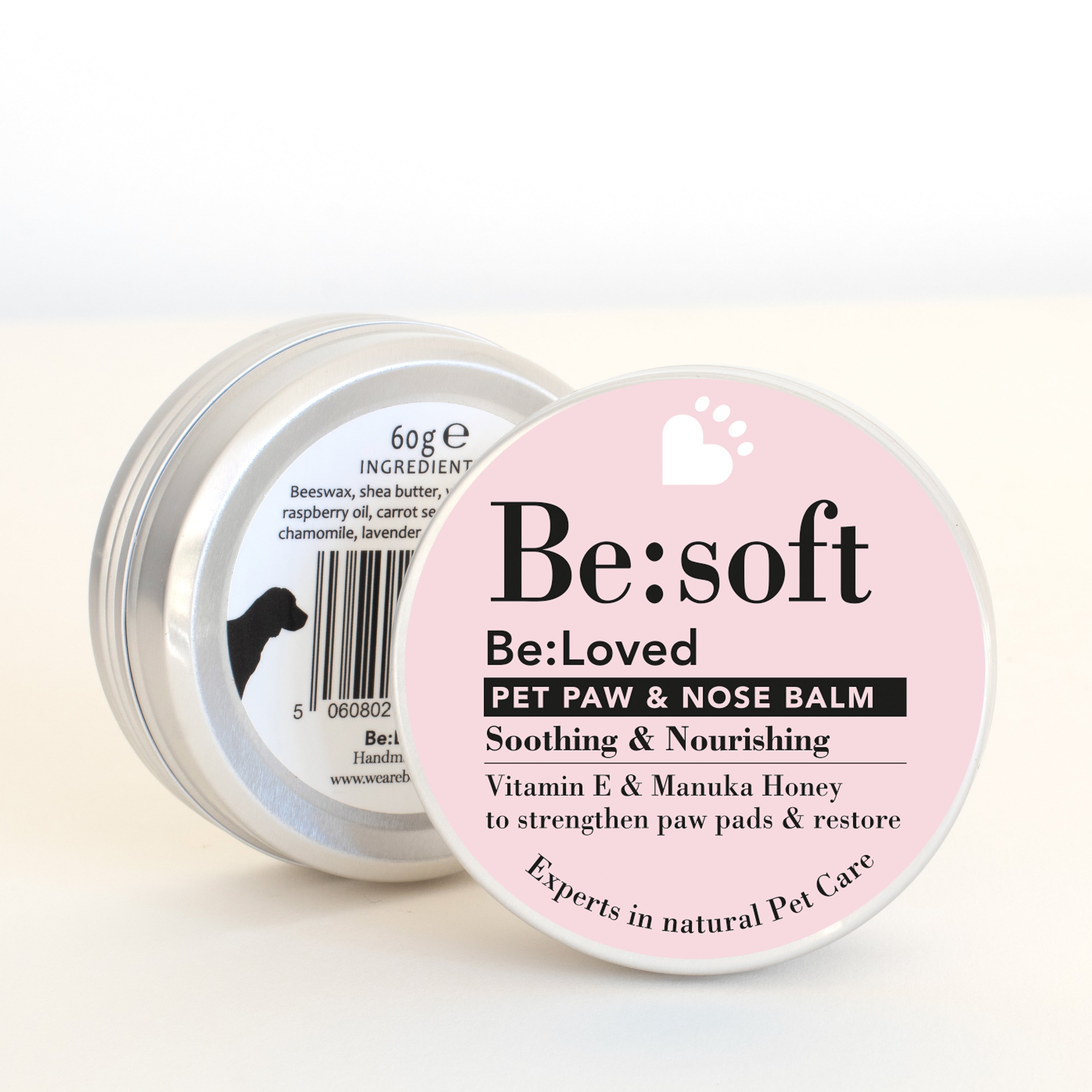 Be:soft pet paw and nose balm packaging from the front and back.