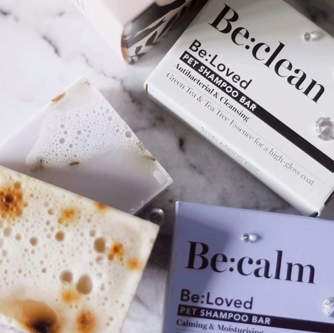Be:calm and Be:clean pet shampoo bars together, both the products and the packaging included.