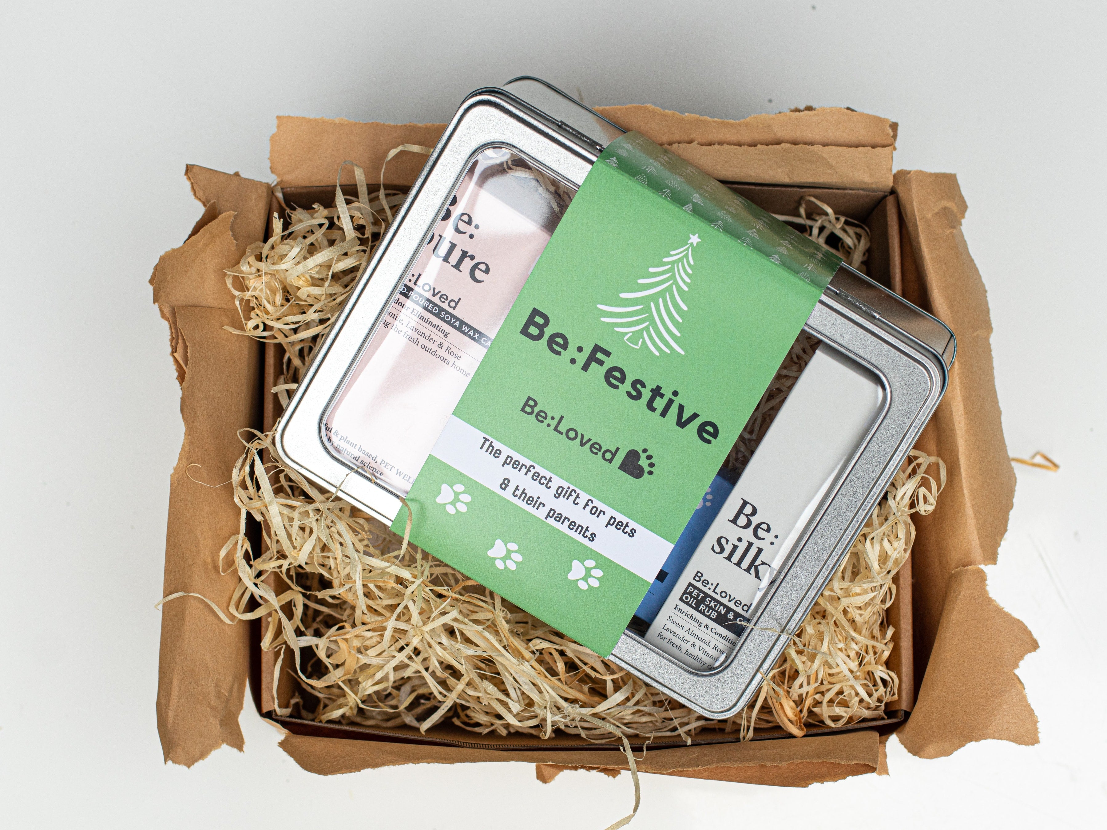 Be:Festive gift set in a box with straw and brown wrapping paper