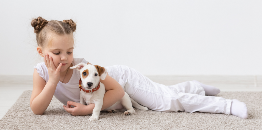 A young girl lying on a rug cuddling her dog.