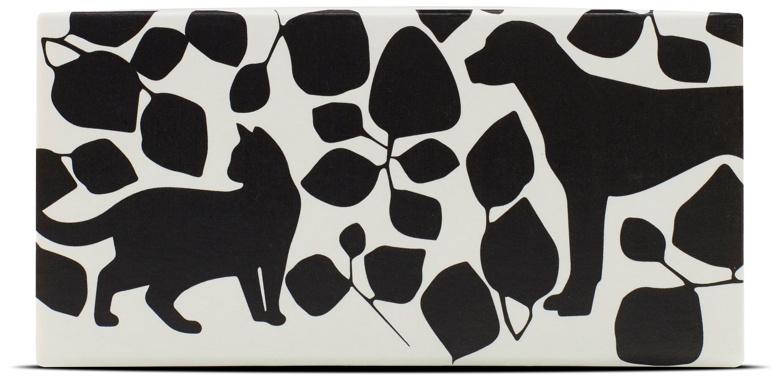 Pattern of a cat and dog silhouette amongst leaves and plants. 
