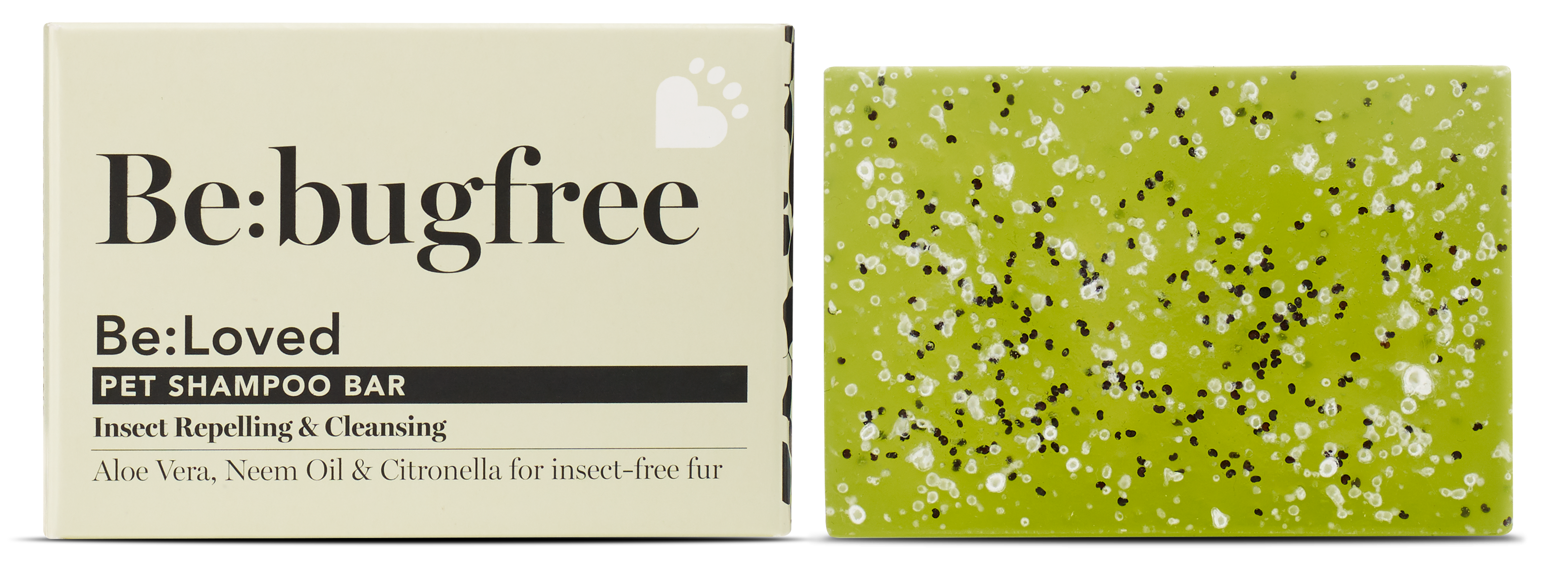 Be:bugfree pet shampoo bar product and packaging.