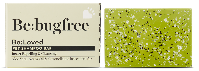 Be:bugfree pet shampoo bar product and packaging.