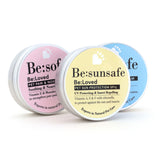 Three pet paw and nose balm products together (Be:soft, Be:sunsafe and Be:safe)