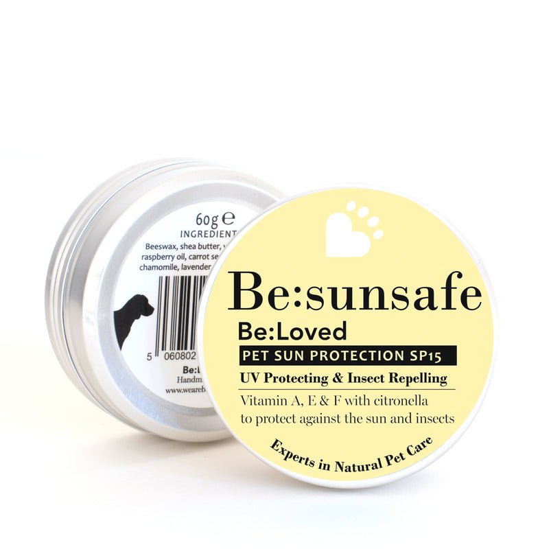 Be:sunsafe pet sun protection product front and back of packaging. 