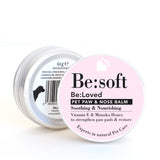 Be:soft pet paw and nose balm product packaging front and back