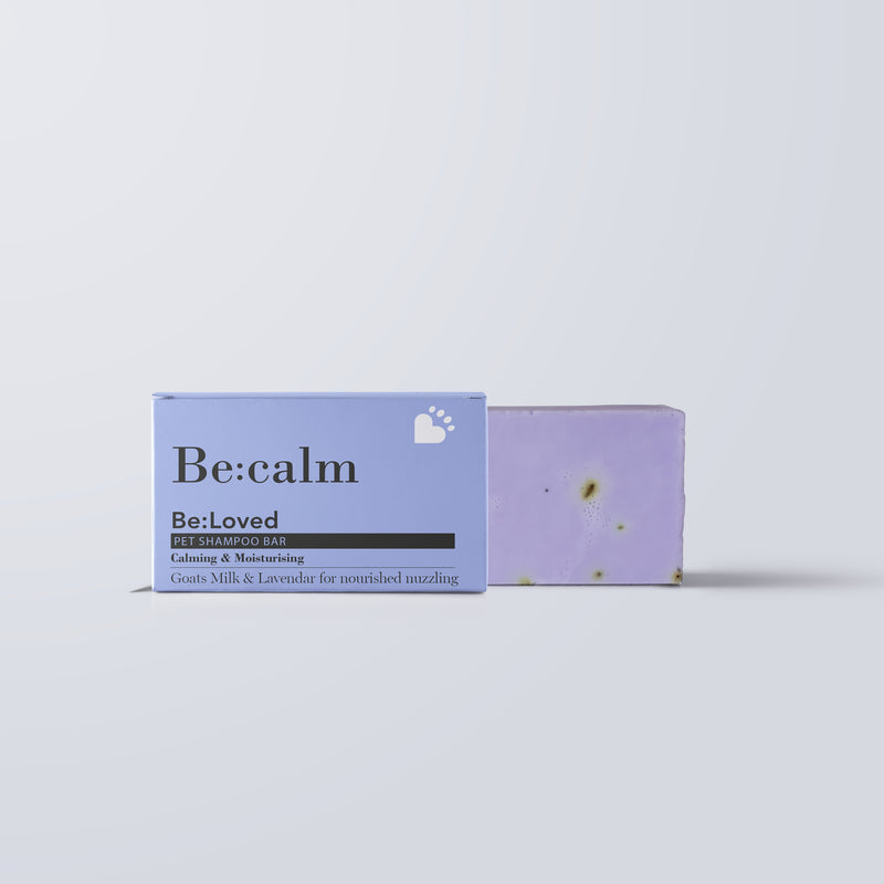 Be:calm pet shampoo bar product and packaging.