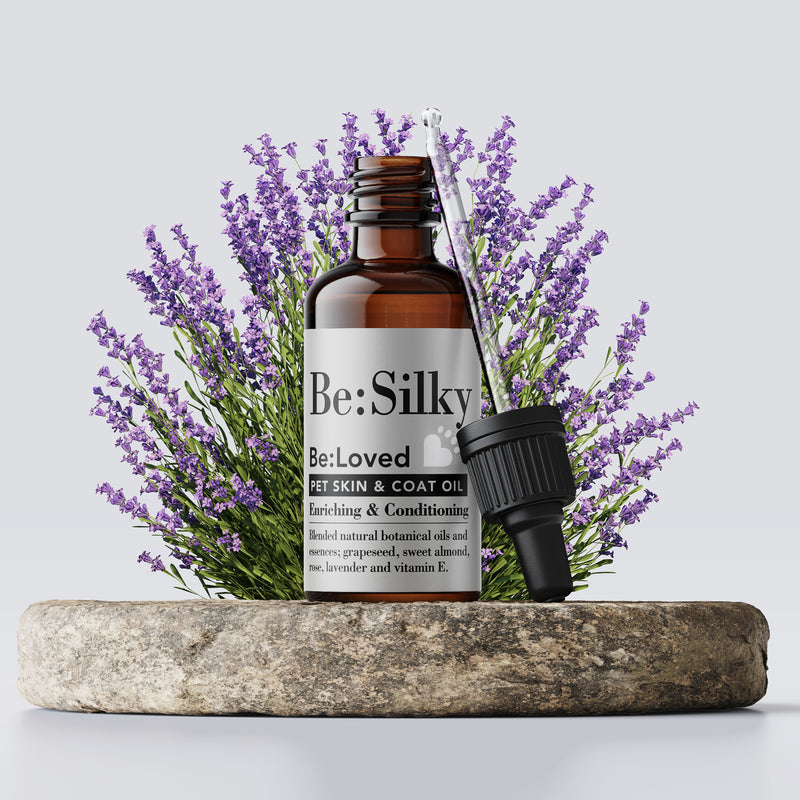 Be:silky pet skin and coat oil product with lavender in the background.