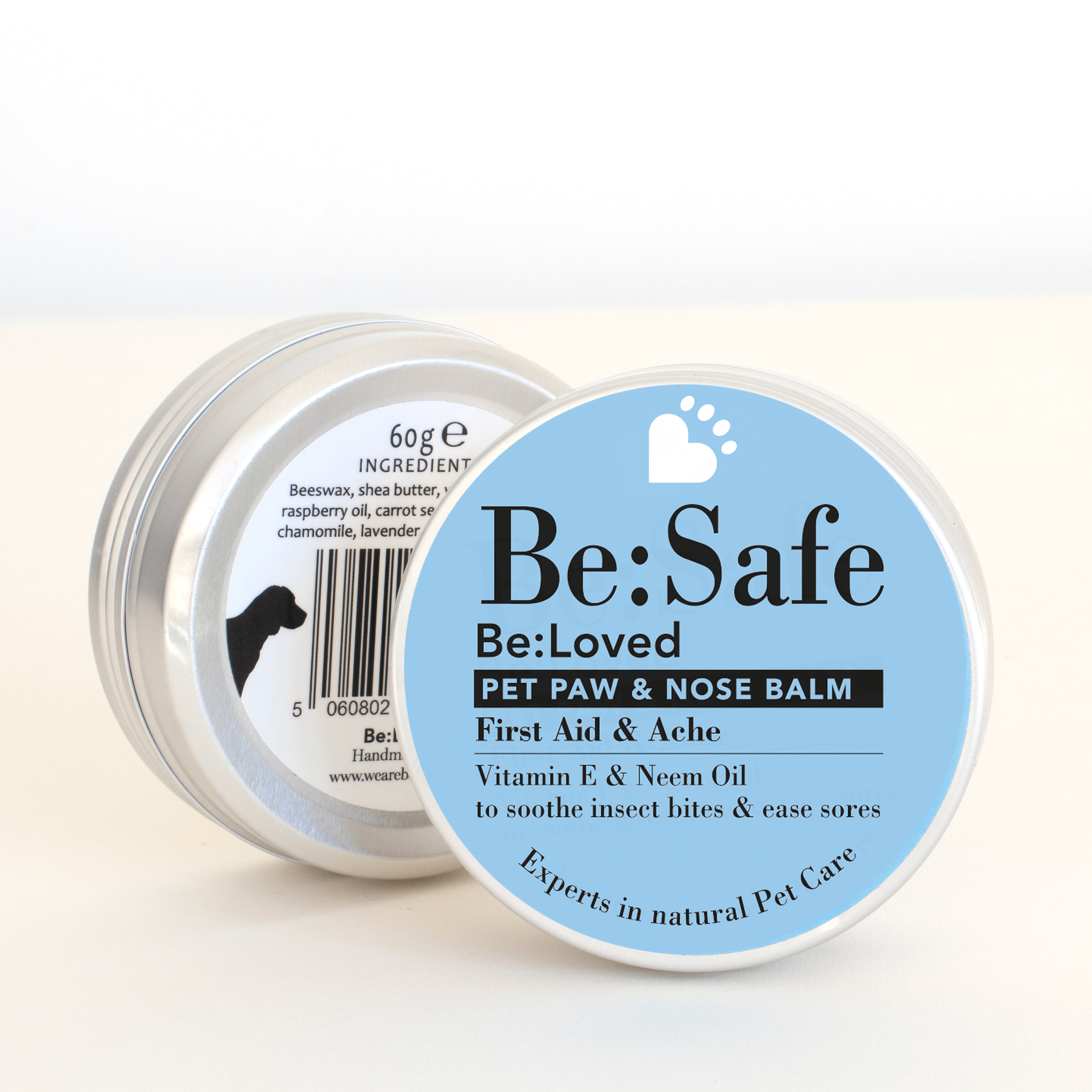 Be:safe pet paw and nose balm packaging, front and back.