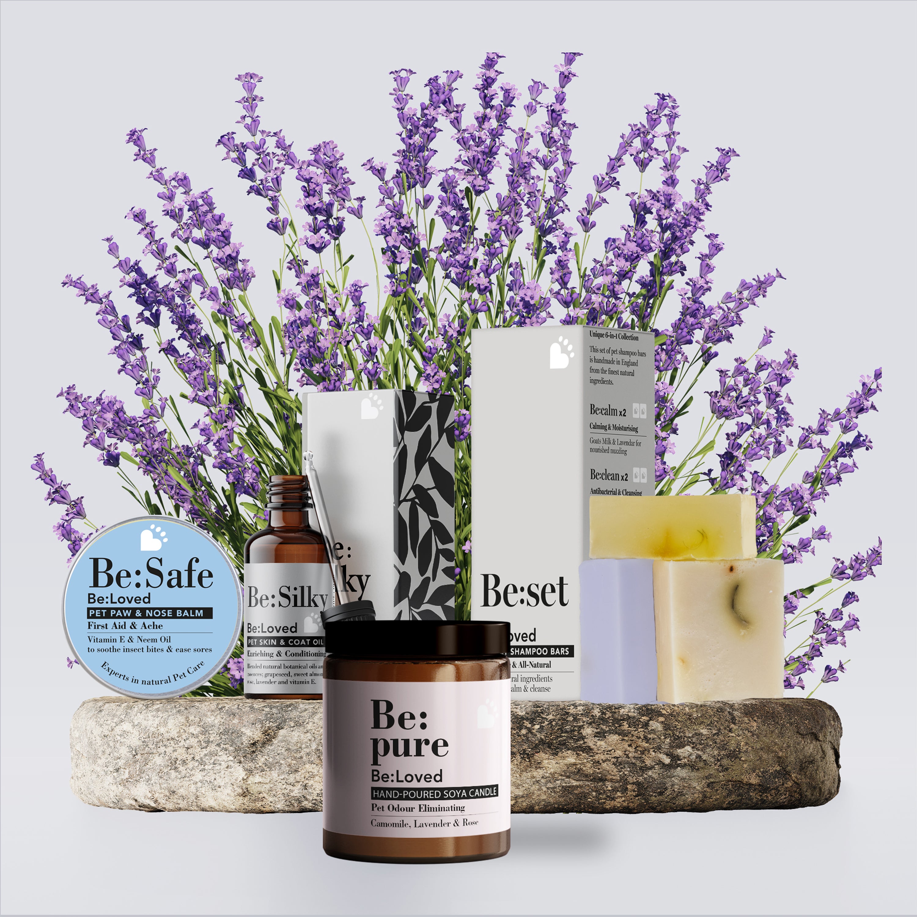 Be:Loved gift bundle with 4 images of the products included and a background of lavender.