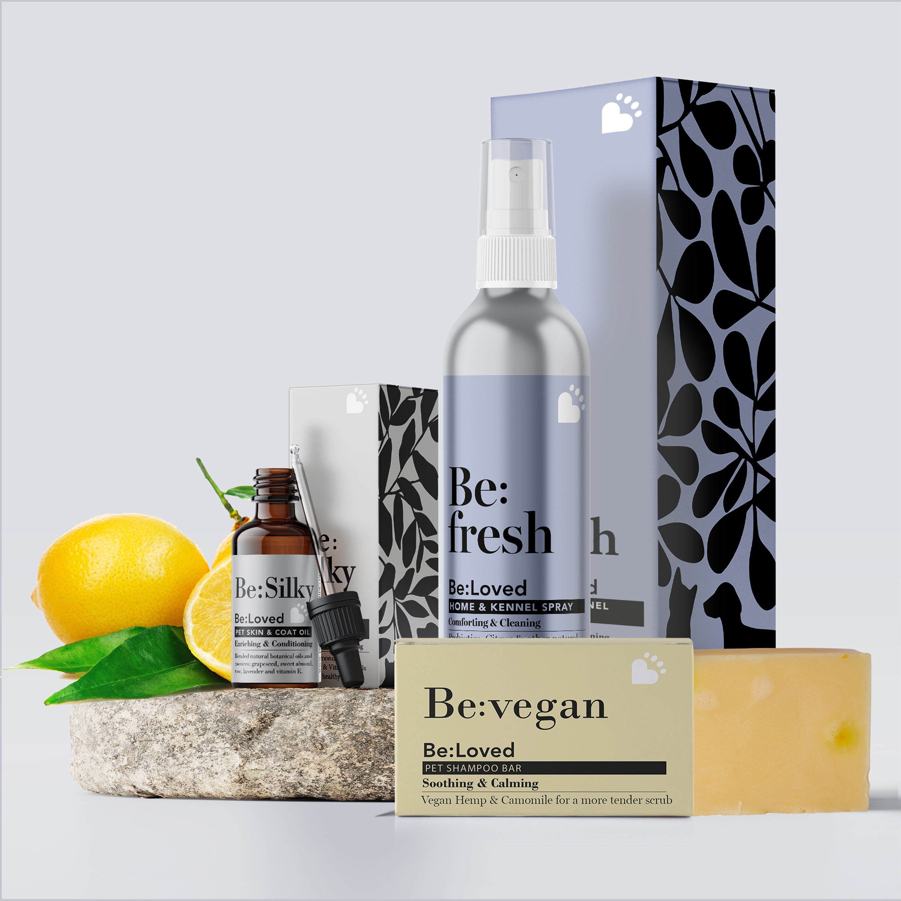 Be:vegan bundle of product images, including 3 products with their packaging and some lemons.